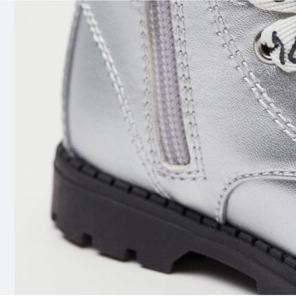 GIRLS Toddler COMBAT Ankle boots in silver faux leather Love Laces Comfy New - Picture 5 of 9